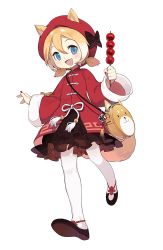 Rule 34 | 1girl, :d, animal ears, bag, blonde hair, blue eyes, candy apple, dog ears, dog tail, ears through headwear, fang, food, full body, hair between eyes, hat, holding, jong tu, looking at viewer, low twintails, multicolored hair, nail polish, open mouth, original, pantyhose, red nails, shoes, short hair, short twintails, simple background, smile, solo, tail, twintails, two-tone hair, white background, white hair, white pantyhose