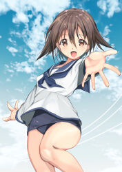 Rule 34 | 1girl, absurdres, blue one-piece swimsuit, blue sailor collar, blue sky, brown eyes, brown hair, cloud, commentary request, cowboy shot, foreshortening, hair flaps, highres, miyafuji yoshika, one-piece swimsuit, sailor collar, sailor shirt, school swimsuit, shirt, short hair, sky, smile, solo, strike witches, swimsuit, swimsuit under clothes, white shirt, world witches series, yashin (yasinz)