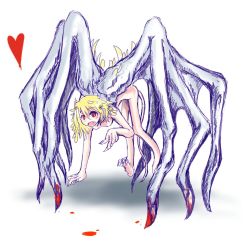 Rule 34 | 1girl, blonde hair, blood, fang, female focus, heart, monster girl, nude, open mouth, red eyes, seirei, seirei (mimi toka), simple background, solo, tail, white background