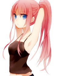 Rule 34 | 1girl, adjusting hair, alternate costume, alternate hairstyle, armpits, arms behind head, bare arms, black tank top, blue eyes, collarbone, female focus, long hair, looking at viewer, megurine luka, midriff, navel, neck, pink hair, ponytail, serious, sidelocks, simple background, sleeveless, solo, syutyou, tank top, upper body, vocaloid, white background