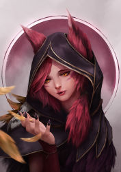 Rule 34 | 1girl, animal ears, cheesewoo, falling feathers, feathers, league of legends, long hair, looking at hand, nose, parted lips, red hair, red lips, solo, xayah, yellow eyes