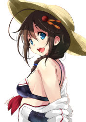 Rule 34 | 10s, 1girl, ahoge, bare shoulders, blue eyes, braid, breasts, brown hair, commentary request, dated, from behind, hair flaps, hair ornament, hair over shoulder, hair ribbon, hairclip, hat, highres, kantai collection, looking back, open mouth, ribbon, shigure (kancolle), shigure kai ni (kancolle), sideboob, single braid, smile, solo, straw hat, swimsuit, ugeppa, undressing