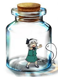 Rule 34 | 1girl, against glass, bad id, bad pixiv id, bottle, bottle meme (pixiv), bow, bowtie, cork, crying, d:, female focus, ghost, glass, hair bow, hairband, hitodama, in bottle, in container, jar, konpaku youmu, konpaku youmu (ghost), mary janes, mini person, minigirl, o o, open mouth, raised eyebrows, shikushiku (amamori weekly), shoes, short hair, silver hair, skirt, skirt set, socks, solid circle eyes, solo, standing, tears, touhou, toybox (artist), trapped, vest, white socks