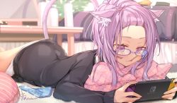Rule 34 | 1girl, :3, alternate costume, animal ear fluff, animal ears, bangs pinned back, bed, black sweater, casual, cat ears, cat girl, cat tail, closed mouth, commentary, cowboy shot, forehead, glasses, hair ornament, hair pulled back, hairclip, hololive, indoors, light purple hair, long sleeves, lying, medium hair, mouth hold, nekomata okayu, nekomata okayu (oversized shirt), nintendo switch, no pants, on stomach, pillow, plant, popsicle stick, potted plant, purple-framed eyewear, purple eyes, saku2621, shirt, signature, solo, sweater, tail, twitter username, virtual youtuber, white shirt, wrapper