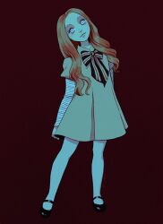 Rule 34 | 1girl, arms at sides, bev johnson, black footwear, blonde hair, brown dress, closed mouth, dress, forehead, full body, grey eyes, highres, long hair, long sleeves, looking at viewer, m3gan, m3gan (character), mary janes, neck ribbon, ribbon, shoes, simple background, smile, solo, standing, striped ribbon