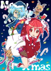 Rule 34 | 2girls, :d, :o, ahoge, bike shorts, blue eyes, blue hair, blush, blush stickers, boots, candy, candy cane, chibi, flute, food, hair ornament, hat, highres, holding, holding clothes, holding panties, holding underwear, instrument, looking at viewer, merry christmas, motiking, multiple girls, open mouth, original, outline, panties, red eyes, red hair, reindeer, short hair, skirt, smile, star (symbol), tentacles, twintails, underwear, wings