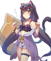 Rule 34 | &gt;:(, 1girl, absurdres, animal ear fluff, animal ears, bare shoulders, bikini, bikini under clothes, black bikini, black ribbon, blush, bracelet, breasts, cat ears, cat girl, cat tail, closed mouth, collarbone, commentary request, cowboy shot, eyewear on head, green eyes, highres, innertube, jacket, jewelry, karyl (princess connect!), karyl (summer) (princess connect!), long hair, long sleeves, looking at viewer, low twintails, navel, off shoulder, open clothes, open fly, open jacket, open shorts, photoshop (medium), princess connect!, purple jacket, revision, ribbon, short shorts, shorts, simple background, small breasts, solo, sunglasses, swim ring, swimsuit, tail, thigh strap, twintails, v-shaped eyebrows, very long hair, white-framed eyewear, white background, yonkumi (gatling033)