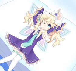 Rule 34 | 10s, 1girl, absurdres, arms up, bad id, bad pixiv id, blonde hair, blue eyes, blush, book, fairy wings, gradient background, highres, histoire, long hair, looking at viewer, lying, neptune (series), on back, rian (clearhisty0101), solo, thighhighs, wings, リアン