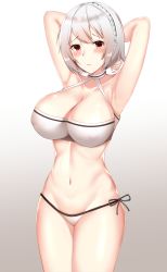 Rule 34 | 1girl, absurdres, armpits, arms behind head, arms up, azur lane, bikini, bikini bottom only, black hairband, blush, breasts, cleavage, closed mouth, collarbone, covered erect nipples, frilled hairband, frills, gradient background, grey background, groin, hair between eyes, hair intakes, hairband, highres, kitsune udon (ai br), large breasts, legs together, light smile, looking at viewer, navel, red eyes, short hair, side-tie bikini bottom, silver hair, sirius (azur lane), solo, standing, string, swimsuit, tachi-e, thick thighs, thighs, white background, white bikini, white frills