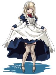 Rule 34 | 1girl, adapted costume, blonde hair, blue dress, blue eyes, braid, clothes lift, dated, dress, dress lift, flower, french braid, full body, garter straps, high heels, kantai collection, knees together feet apart, long hair, long sleeves, maid headdress, red flower, red ribbon, red rose, ribbon, rose, simple background, solo, standing, tatsumi ray, thighhighs, twitter username, warspite (kancolle), white background, white thighhighs