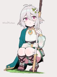 Rule 34 | 1girl, :o, antenna hair, blush, bridal gauntlets, commentary request, detached sleeves, dress, elf, flower, full body, grey background, hair between eyes, hair flower, hair ornament, healthyman, highres, holding, holding staff, kokkoro (princess connect!), long sleeves, no socks, panties, pantyshot, parted lips, pink eyes, pointy ears, princess connect!, puffy long sleeves, puffy sleeves, sandals, see-through, see-through sleeves, silver hair, simple background, sleeveless, sleeveless dress, solo, squatting, staff, toes, twitter username, underwear, white flower, white panties