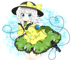 Rule 34 | 1girl, bad id, bad pixiv id, blue eyes, blush, frills, hands on own face, hat, hat ribbon, komeiji koishi, kyapinetzu, ribbon, solo, third eye, touhou, white hair, wide sleeves