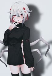 Rule 34 | 1girl, :p, arthropod girl, arthropod limbs, black jacket, black thighhighs, blush, closed mouth, colored inner hair, hair between eyes, hand up, highres, insect girl, jacket, long sleeves, looking at viewer, migihidari (puwako), multicolored hair, original, red eyes, red hair, solo, spider girl, standing, thighhighs, tongue, tongue out, two-tone hair, white hair