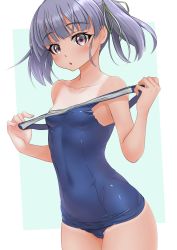 Rule 34 | 1girl, absurdres, alternate costume, blue one-piece swimsuit, breasts, collarbone, covered navel, cowboy shot, highres, kantai collection, makura (y makura), one-piece swimsuit, one-piece tan, ooshio (kancolle), purple eyes, purple hair, school swimsuit, short twintails, small breasts, solo, swimsuit, tan, tanline, twintails