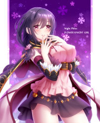 Rule 34 | 1girl, black skirt, breasts, capelet, character name, copyright name, cowboy shot, detached sleeves, flower knight girl, highres, large breasts, looking at viewer, night phlox (flower knight girl), pink eyes, purple background, purple hair, short hair, skirt, smile, solo, totsuki ryuna