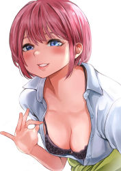 Rule 34 | 1girl, black bra, blue eyes, bra, breasts, cleavage, clothes around waist, commentary, eyelashes, go-toubun no hanayome, green sweater, grin, highres, j-u-n06, large breasts, lips, nail polish, nakano ichika, partially unbuttoned, pink hair, shirt, short hair, simple background, smile, solo, sweater, sweater around waist, underwear, upper body, white background, white shirt