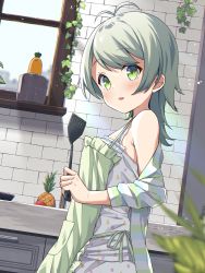 Rule 34 | 1girl, antenna hair, apron, bare shoulders, blurry, blurry foreground, blush, brick wall, camisole, commentary request, counter, depth of field, food, frilled apron, frills, fruit, green apron, green eyes, green hair, highres, holding, long hair, looking at viewer, looking to the side, mimura zaja, original, parted lips, pineapple, skirt, smile, solo, spatula, white camisole, white skirt, window