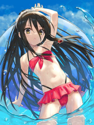 Rule 34 | 1girl, absurdres, alastor (shakugan no shana), arm up, bare arms, bare shoulders, bikini, black hair, blue sky, commentary, cowboy shot, day, flat chest, frilled bikini, frills, highres, innertube, jewelry, long hair, looking at viewer, navel, necklace, ocean, ohlia, outdoors, parted lips, partially underwater shot, print innertube, red bikini, revision, shakugan no shana, shana, sky, solo, stomach, swim ring, swimsuit, very long hair, wading, water drop, wet, yellow eyes