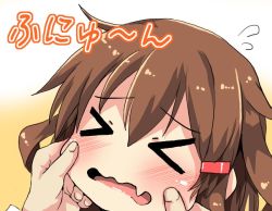 Rule 34 | &gt; &lt;, 10s, 1girl, blush, brown eyes, brown hair, cheek pull, closed eyes, fang, flying sweatdrops, hair ornament, hairclip, ikazuchi (kancolle), kantai collection, open mouth, oshiruko (uminekotei), short hair, skin fang, solo focus, text focus, translation request, wavy mouth