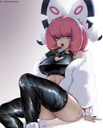 Rule 34 | 1girl, ass, black thighhighs, blue eyes, boots, bracelet, cleavage cutout, clothing cutout, creatures (company), crop top, fur-trimmed jacket, fur trim, game freak, gloves, gradient background, grey background, hair ornament, highres, jacket, jewelry, kilalesi, klara (pokemon), latex, latex legwear, looking at viewer, midriff, mole, mole under mouth, nintendo, open mouth, pink hair, pokemon, pokemon swsh, ring, saliva, shiny skin, short hair, single glove, sitting, solo, thighhighs, tongue, tongue out, wide hips
