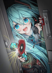 Rule 34 | 1girl, absurdres, angle grinder, bag, black bag, blood, blood on clothes, blood on hands, blue eyes, blue hair, blue nails, blue necktie, blush, collared shirt, commentary request, corpse, door chain, dutch angle, fingernails, grey shirt, hair between eyes, hair ornament, hatsune miku, heart, heart in eye, highres, holding, hymgkamui, light blush, long fingernails, long hair, looking at viewer, loose necktie, microphone, nail polish, necktie, open mouth, opening door, power tool, shirt, shoulder bag, sparks, symbol in eye, teeth, tongue, very long hair, vocaloid, wide-eyed, yandere
