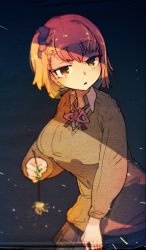 Rule 34 | 1girl, bad id, bad pixiv id, blonde hair, breasts, brown eyes, brown sweater, copyright request, cowboy shot, fireworks, green nails, hair ornament, hair scrunchie, holding, idkuroi, large breasts, leaning forward, long sleeves, looking at viewer, medium hair, multicolored nails, nail polish, neck ribbon, one side up, parted lips, pink ribbon, pleated skirt, purple skirt, red nails, ribbon, school uniform, scrunchie, skirt, solo, sparkler, sweater
