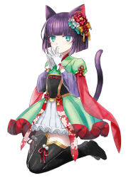 Rule 34 | 1other, androgynous, animal ears, black thighhighs, blue eyes, blunt bangs, bob cut, bow, cat ears, cat tail, cherry blossoms, dress, flower, frilled skirt, frills, full body, gloves, hair bow, hair flower, hair ornament, kneeling, kuroi nyan, kuroinyan, long sleeves, looking at viewer, original, other focus, pixiv fantasia, pixiv fantasia new world, pom pom (clothes), puffy sleeves, purple hair, ribbon, short hair, simple background, skirt, solo, tail, thighhighs, white background, yellow bow