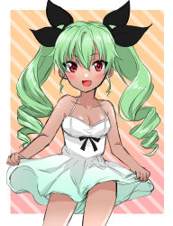 Rule 34 | 1girl, airi (akamichiaika), alternate costume, anchovy (girls und panzer), black bow, blush, border, bow, breasts, cleavage, clothes lift, diagonal stripes, dress, drill hair, girls und panzer, hair between eyes, hair bow, highres, looking at viewer, medium breasts, outside border, red eyes, skirt, skirt lift, smile, solo, striped, sundress, tan, twin drills, white border