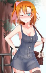 Rule 34 | 10s, 1girl, bag, blue eyes, blush, breasts, cleavage, collarbone, hair ornament, hairclip, hand on own hip, handbag, highres, kosaka honoka, love live!, love live! school idol festival, love live! school idol project, medium breasts, mocchi (shooter1016), naked overalls, one eye closed, orange hair, overall skirt, overalls, side ponytail, sideboob, solo, thighhighs, zettai ryouiki