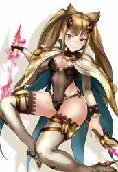 Rule 34 | 10s, 1girl, animal ears, blonde hair, blush, breasts, cape, cat ears, cat girl, female focus, frilled thighhighs, frills, granblue fantasy, grey eyes, high heels, holding, holding weapon, jilllxlxl, long hair, long sleeves, looking at viewer, magic, metera (granblue fantasy), midriff, navel, see-through, simple background, smile, solo, thighhighs, twintails, weapon, white background, white thighhighs