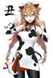 Rule 34 | 1girl, :3, :d, ahoge, animal costume, animal ears, animal print, bad id, bad pixiv id, bare shoulders, bell, black pantyhose, braid, breasts, brown hair, chinese zodiac, collar, cow costume, cow ears, cow horns, cow print, cow tail, cowbell, detached sleeves, dress, ear tag, eyelashes, eyeliner, fake animal ears, fake horns, fangs, fur trim, fushimi gaku, hair between eyes, hair flaps, hair ornament, hairband, hands up, highres, horns, index finger raised, long hair, looking at viewer, low-braided long hair, low-tied long hair, makeup, mole, mole under eye, nail polish, neck bell, nijisanji, o-ring, open mouth, pantyhose, pink nails, pom pom (clothes), pom pom hair ornament, print dress, short dress, side slit, simple background, slit pupils, smile, tail, twin braids, twintails, v, very long hair, virtual youtuber, white background, yatozume, year of the ox, yellow eyes