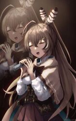 Rule 34 | 1girl, ahoge, belt, brown capelet, brown cloak, brown corset, brown hair, capelet, cloak, corset, feather hair ornament, feathers, gloves, hair ornament, hairclip, hieroglyphics, highres, holding, holding microphone, hololive, hololive english, long hair, microphone, multicolored hair, music, nanashi mumei, partially fingerless gloves, pleated skirt, ponytail, red skirt, ribbon, shirt, singing, skirt, streaked hair, teeth, upper teeth only, very long hair, vicarious, virtual youtuber, white shirt