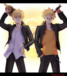 Rule 34 | 2boys, black jacket, black pants, blonde hair, ea (fate/stay night), fate/prototype, fate/stay night, fate (series), gate of babylon (fate), gilgamesh (fate), gilgamesh (fate/prototype), grin, hair slicked back, hand in pocket, holding, holding weapon, jacket, jewelry, looking at viewer, male focus, multiple boys, official alternate costume, orange shirt, pants, red eyes, shirt, smile, somemiya suzume, weapon, white shirt