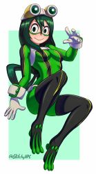 Rule 34 | 10s, 1girl, absurdres, asui tsuyu, bodysuit, boku no hero academia, boots, breasts, full body, glitchynpc, gloves, green eyes, green hair, hair between eyes, highres, long hair, looking at viewer, medium breasts, simple background, solo, thigh boots, thighhighs, white gloves