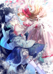 Rule 34 | 2girls, ama asagi, blonde hair, blue shirt, blue skirt, bow, cherry blossoms, closed eyes, dress, fairy wings, female focus, finger to mouth, floating hair, frilled dress, frills, hands on own face, hands up, highres, letty whiterock, lily white, long hair, long skirt, long sleeves, multiple girls, petals, pink dress, pink headwear, red bow, red ribbon, ribbon, sash, shirt, shushing, skirt, touhou, wavy hair, white hair, white headwear, white legwear, white ribbon, white sash, wide sleeves, wings