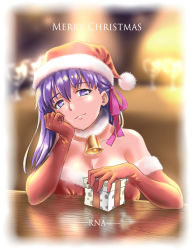 Rule 34 | 1girl, artist name, bell, blurry, blurry background, box, breasts, choker, cleavage, closed mouth, collarbone, elbow gloves, fate/stay night, fate (series), fur-trimmed gloves, fur-trimmed headwear, fur trim, gift, gift box, gloves, hair between eyes, hat, head rest, head tilt, highres, large breasts, long hair, looking at viewer, matou sakura, merry christmas, no pupils, purple eyes, purple hair, red gloves, red hat, rna (angel-smelter), santa costume, santa hat, smile, solo