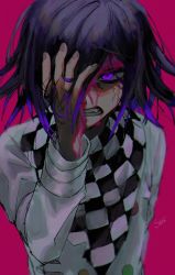 Rule 34 | 1boy, anger vein, blood, blood on face, checkered clothes, checkered neckwear, checkered scarf, clenched teeth, danganronpa (series), danganronpa v3: killing harmony, gradient hair, hair between eyes, hand in own hair, hand on own face, highres, joh pierrot, long sleeves, male focus, multicolored hair, oma kokichi, pink background, pink blood, purple eyes, purple hair, scarf, signature, simple background, solo, straitjacket, teeth, upper body