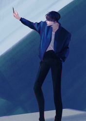 Rule 34 | 1boy, bad id, bad pixiv id, black hair, black pants, blue jacket, ear piercing, closed eyes, hand in pocket, hand up, hayakawa rou, highres, jacket, male focus, p ppp (doubledash bank), pants, pencil, piercing, safety pin, simple background, solo, standing, yesterday wo utatte