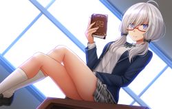 Rule 34 | 1girl, ahoge, ars almal, ass, black bow, black footwear, blazer, blue eyes, blue jacket, blurry, blurry background, book, bow, breasts, closed mouth, commentary, day, depth of field, dutch angle, elaina (majo no tabitabi), english commentary, feet out of frame, fusion, glasses, grey skirt, hair between eyes, hair bow, hair over shoulder, highres, holding, holding book, indoors, jacket, kazenokaze, loafers, long hair, long sleeves, looking at viewer, low twintails, majo no tabitabi, nijisanji, open clothes, open jacket, plaid, plaid skirt, pleated skirt, red-framed eyewear, school uniform, semi-rimless eyewear, shoes, sitting, skirt, small breasts, smile, socks, solo, striped, striped bow, sunlight, twintails, under-rim eyewear, virtual youtuber, white hair, white socks, window