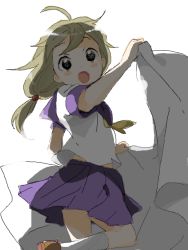 Rule 34 | 1girl, :d, ahoge, arm up, backlighting, black eyes, blanket, blonde hair, blouse, blush stickers, brown footwear, contrapposto, cowboy shot, dot nose, from side, hand up, happy, holding, holding blanket, kneehighs, leg up, long hair, looking at viewer, looking to the side, low-tied long hair, namori, neckerchief, oekaki, open mouth, original, pleated skirt, pov, purple sailor collar, purple skirt, sailor collar, school uniform, serafuku, shirt, short sleeves, simple background, skirt, sleeve cuffs, smile, socks, solo, waking another, white background, white shirt, white socks, yellow neckerchief