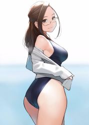 Rule 34 | 1girl, ass, bad id, bad twitter id, breasts, brown eyes, brown hair, cardigan, commentary request, cowboy shot, glasses, highres, long hair, looking at viewer, looking back, medium breasts, miru tights, off shoulder, okuzumi yuiko, one-piece swimsuit, semi-rimless eyewear, simple background, sleeves past wrists, smile, solo, swimsuit, yomu (sgt epper)