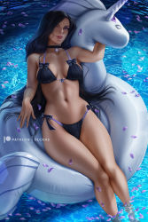 Rule 34 | 1girl, bare arms, bare legs, bikini, black bikini, black bow, black choker, black hair, bow, bow bikini, breasts, choker, cleavage, collarbone, inflatable unicorn, long hair, looking at viewer, medium breasts, mole, mole under mouth, olchas, petals, sideboob, soaking feet, solo, straight hair, swimsuit, the witcher (series), the witcher 3, very long hair, watermark, yennefer of vengerberg