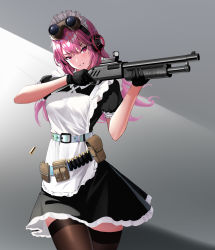Rule 34 | 1girl, absurdres, aiming, apron, arms up, belt, black gloves, black pantyhose, black skirt, black thighhighs, breasts, commentary request, cowboy shot, crossed bangs, frilled apron, frilled sleeves, frills, gloves, goggles, goggles on head, grey background, gun, hair between eyes, hair ornament, headphones, highres, holding, holding gun, holding weapon, long hair, looking to the side, maid, maid apron, maid headdress, open mouth, original, pantyhose, parted lips, pink hair, pouch, red eyes, shaded face, shadow, shell casing, short sleeves, shotgun, skirt, solo, tari (aegr3883), thighhighs, weapon