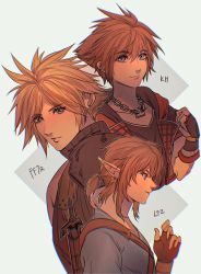 Rule 34 | 3boys, armor, blonde hair, blue eyes, brown hair, chain, chain necklace, cloud strife, final fantasy, final fantasy vii, final fantasy vii remake, fingerless gloves, gloves, jewelry, kingdom hearts, link, low ponytail, multiple boys, necklace, nintendo, pointy ears, sera (serappi), shoulder armor, sora (kingdom hearts), spiked hair, sword, the legend of zelda, turtleneck, weapon