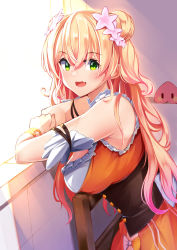 Rule 34 | 1girl, arm rest, armpit crease, bare shoulders, blonde hair, bracelet, breast rest, breasts, cleavage cutout, clothing cutout, crossed arms, crossed bangs, double bun, dress, fang, flower, gradient hair, green eyes, hair between eyes, hair bun, hair flower, hair ornament, highres, hololive, irohara, jewelry, large breasts, long hair, looking at viewer, momosuzu nene, multicolored hair, open mouth, orange dress, pink hair, skin fang, sleeveless, sleeveless dress, smile, solo, virtual youtuber