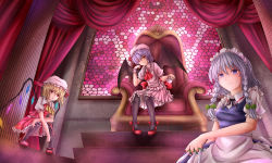 Rule 34 | 3girls, apron, armchair, ascot, bat wings, black legwear, blonde hair, blood, bow, braid, chair, commentary request, cup, flandre scarlet, from below, hair bow, hair ribbon, hat, highres, holding, izayoi sakuya, kaiyi, looking at viewer, looking down, maid, maid apron, maid headdress, mary janes, mob cap, multiple girls, pantyhose, purple eyes, purple hair, red eyes, remilia scarlet, ribbon, shoes, short hair, side ponytail, silver hair, sitting, smile, squatting, teacup, embodiment of scarlet devil, touhou, twin braids, wings