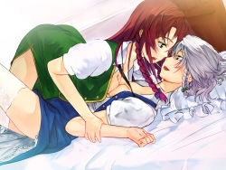 Rule 34 | 2girls, after kiss, bed, blue eyes, breast press, breasts, couple, embodiment of scarlet devil, female focus, girl on top, hong meiling, izayoi sakuya, lace, lace-trimmed legwear, lace trim, long hair, lying, maid, multiple girls, red hair, saliva, saliva trail, short hair, silver hair, symmetrical docking, thighhighs, touhou, white thighhighs, yui 7, yuri