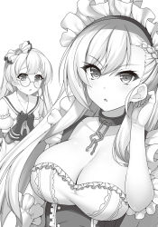 Rule 34 | 2girls, adjusting hair, arm up, azur lane, belfast (azur lane), breast hold, breasts, cleavage, collarbone, edinburgh (azur lane), elbow gloves, glasses, gloves, greyscale, highres, large breasts, looking at another, looking at viewer, maid, maid headdress, monochrome, multiple girls, parted lips, raiou
