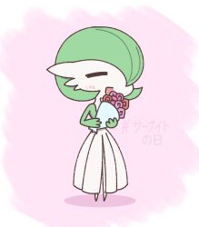 Rule 34 | 1girl, = =, blush, bob cut, border, bouquet, chibi, closed eyes, colored skin, creatures (company), female focus, flat chest, flower, full body, game freak, gardevoir, gardevoir day, gen 3 pokemon, green hair, green skin, hair over one eye, hands up, happy, highres, holding, holding bouquet, japanese text, light blush, multicolored skin, nintendo, odd eye masao, one eye covered, open mouth, pink background, pink flower, pokemon, pokemon (creature), red flower, short hair, simple background, sketch, smile, solo, standing, translated, translation request, two-tone skin, white border, white skin