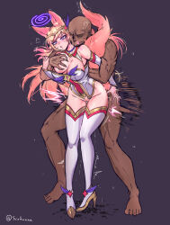 Rule 34 | 1boy, 1girl, :o, @ @, ahri (league of legends), animal ears, arm at side, arm grab, artist name, bare shoulders, bent over, blonde hair, blush, breasts, breasts out, choker, cleft of venus, clothed female nude male, dark-skinned male, dark skin, deep skin, detached sleeves, female pubic hair, fingernails, fox ears, fox girl, fox tail, full body, grabbing, grabbing another&#039;s breast, grabbing from behind, groin, hetero, high heels, highres, interracial, interspecies, kissing neck, large breasts, league of legends, leaning forward, legs together, leotard, long hair, looking afar, mind control, motion lines, nail polish, nude, official alternate costume, one breast out, open mouth, pink eyes, pink nails, pubic hair, purple background, purple choker, pussy, pussy juice, red leotard, red sleeves, restrained, scofa, sex, sex from behind, simple background, solo focus, sparse pubic hair, standing, standing sex, star guardian (league of legends), tail, thighhighs, thighs, trembling, two-tone leotard, two-tone sleeves, uncensored, vaginal, white leotard, white sleeves, white thighhighs, yellow footwear